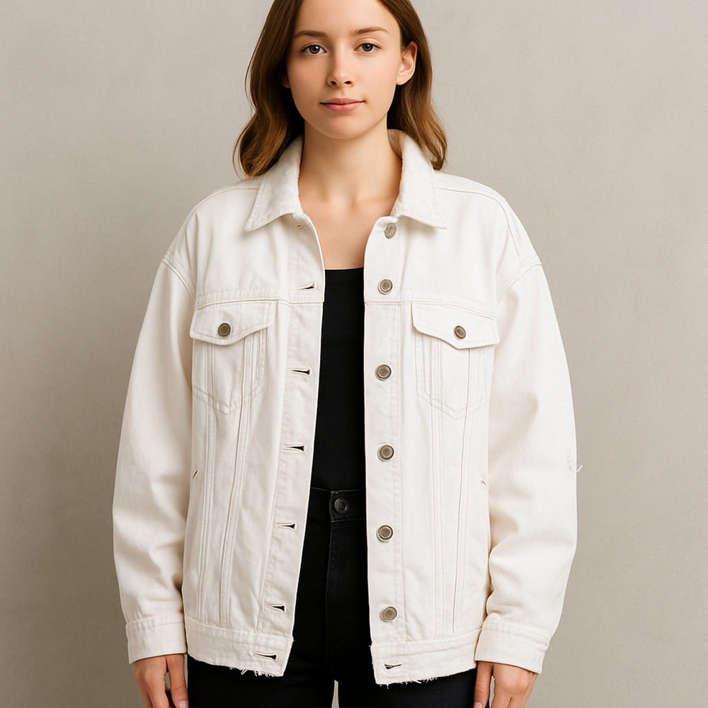 NWT Ashley Vintage Charm Denim Jean Jacket Women’s XS Oversized White Distressed